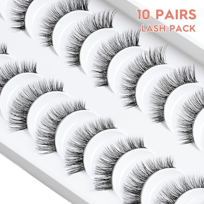 Lashes Wispy False Eyelashes Cat Eye Lashes Natural Look 3D Volume Fake Eyelashes Thin Band Lashes 12mm Natural Eye Lashes C Curl Siligli Lashes Pack 10 Pair
