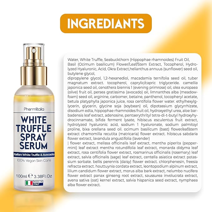 Italian White Truffle Spray Serum - Vegan Skin Care - Face Mist Hydrating Spray with Avocado & White Truffles - Face Serum for Radiant Skin - 3.38 Fl Oz