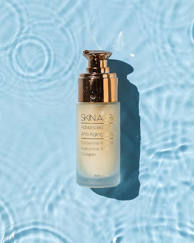 SKIN AURA Advanced Anti-Aging Serum - All-In-One Formula Visibly Improves Wrinkles, Fine Lines & Age Spots with 5 Vitamins + Minerals, Hyaluronic Acid & Collagen Peptides - 30ml (1oz)