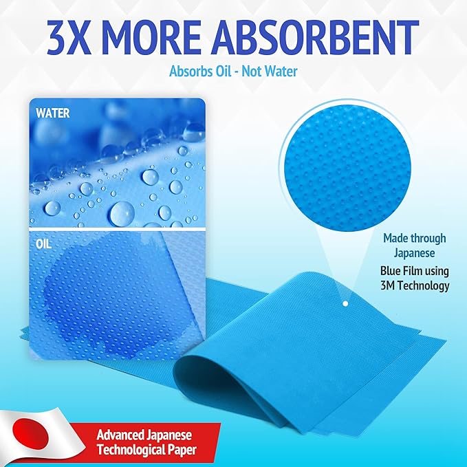 Oil Blotting Sheets for Face - Portable 1x50 Blue Oil Wipes Sheets for Face - Japanese High Performance Technology Makeup Blotting Paper -Grain Free Softer Oil Pads Absorbing Face Oil Tissues for Face