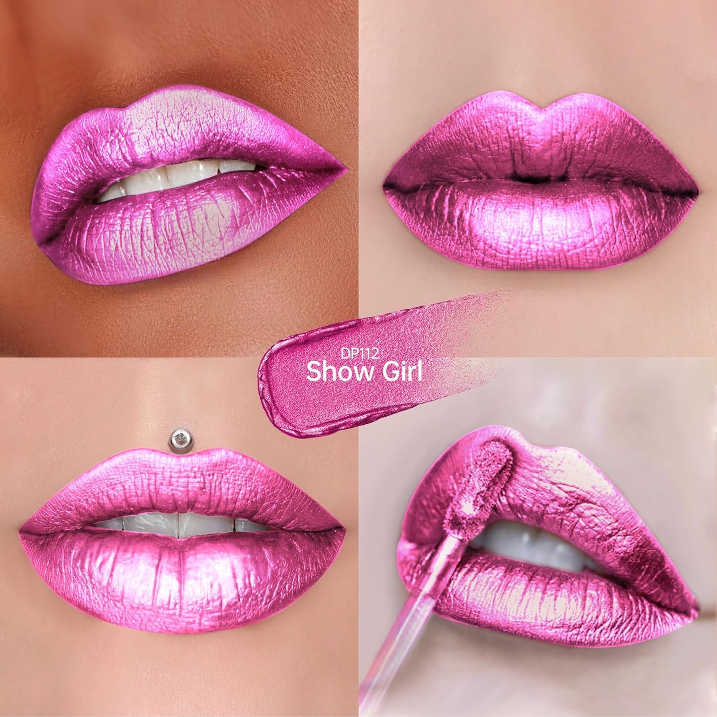 Hot Pink Lipsticks for Women Metallic Lipstick Long Lasting Non Stick Cup Lip Gloss, Shimmer Lightweight Hydrating Full Coverage Lip Color,DP112 Show Girl