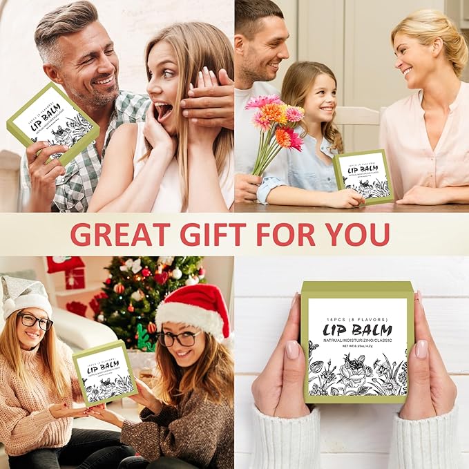 16 Pack Lip Balm, Natural Lip Balm Bulk with Vitamin E and Coconut Oil, Moisturizing Lip Balm for Dry Cracked Lips, Lip Balm for Stocking Stuffers - 8 Flavors