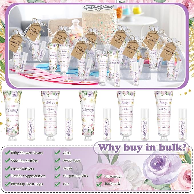 50 Sets 200 Pcs Baby Shower Hand Lotion and Lip Balm Gift Theme Baby Shower Party Favors Travel Size Hand Lotion and Lip Balm Bulk with Organza Bags Tags(Butterfly)