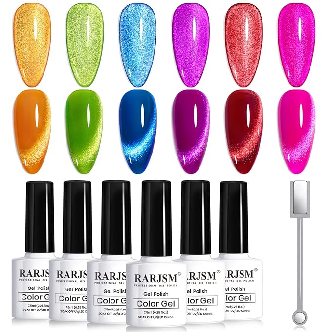 RARJSM 9D Neon Cat Eye Gel Nail Polish Set 6 Colors Velvet Silver Glitter Bright Orange Blue Red Green Rose Purple Ice Gel Polish with Magnet Stick UV LED Curing Requires Soak Off Home Salon Diy