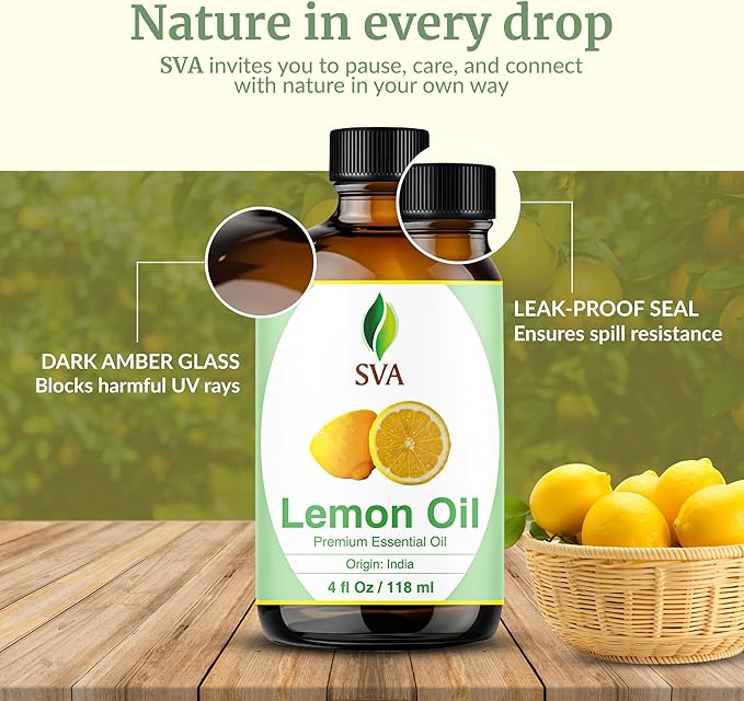 SVA Lemon Essential Oil – 4 Fl Oz – 100% Natural Lemon Oil - for Diffuser, Hair Care, Face, Skin Care, Aromatherapy, Scalp and Body Massage, Soap and Candle Making – with Dropper
