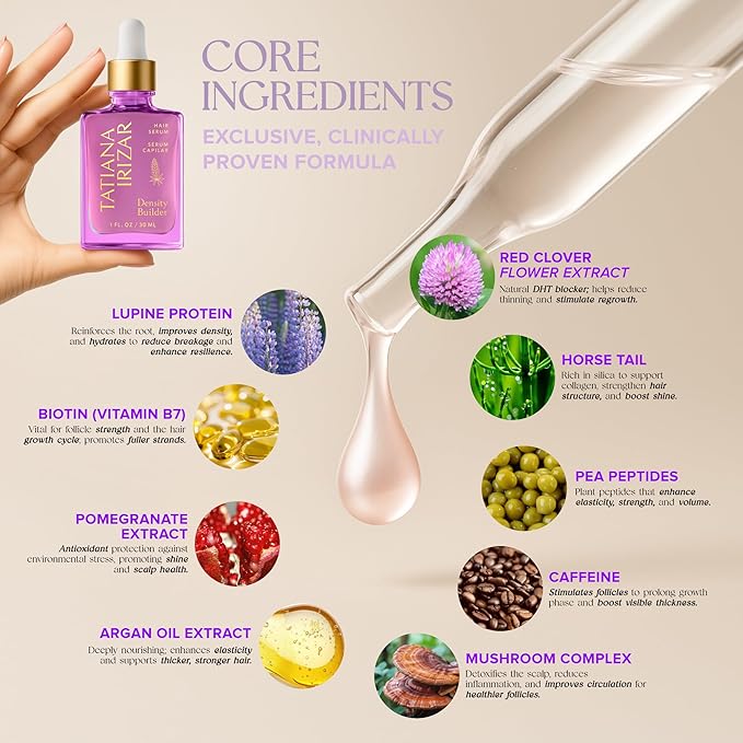 Hair Thickening Serum - Hair Density Serum Builder for Women Made in USA 30ml - Clinically Proven Scalp Treatment Non-Greasy - Natural Biotin, Argan & Pea Peptides - For Thinning, Fine or Damaged Hair