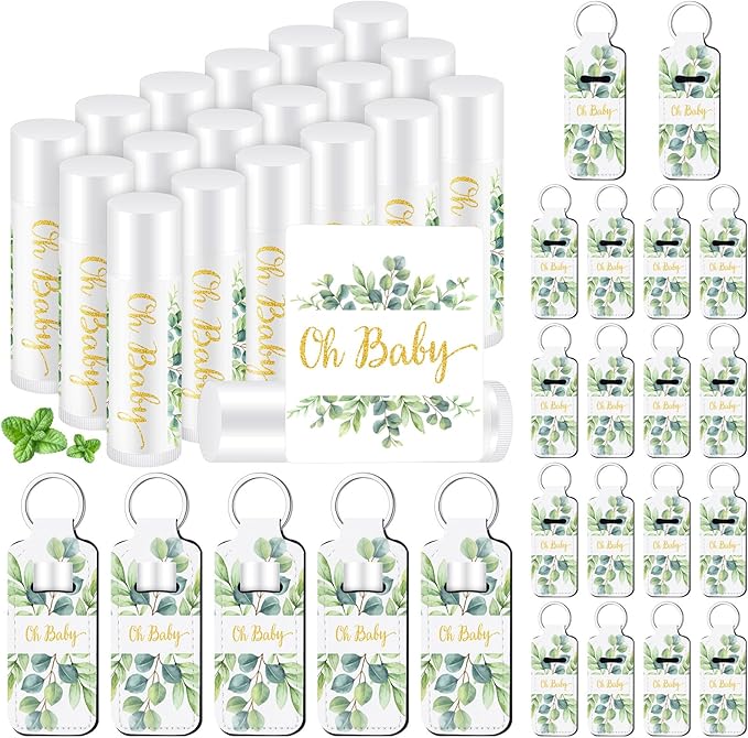 18 Sets Baby Shower Bridal Shower Favors for Guests Bulk Lip Balm and Lipstick Holder Keychains Set Baby Shower Bridal Shower Goodies Bags Thank You Gifts for Guests(Eucalyptus Baby)