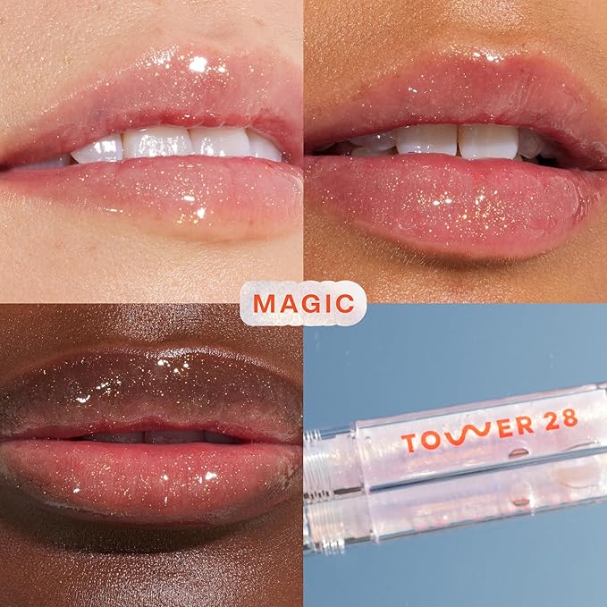 Tower 28 ShineOn Lip Jelly, MAGIC | Non-Sticky, Vegan Lip Gloss in Clear with Gold Shimmer | 5 Nourishing Oils | Moisturizing, Clean, Cruelty Free,0.13 Fl Oz (Pack of 1)