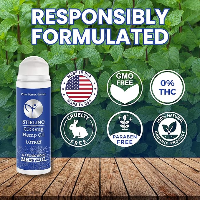 STIRLING Menthol Lotion + Hemp Oil β Maximum strength relief with cooling menthol and 100% pure hemp oil to soothe joints, relax muscles, and hydrate with aloe vera. 5 fl oz. (2000mg, Menthol)
