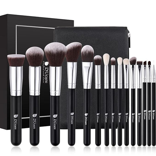 DUcare Makeup Brushes with Bag,15Pcs Makeup Brush Set Christmas Gift Travel Kabuki Foundation Blending Blush Eyeliner Shadow Brow Concealer Brushes Kit Black