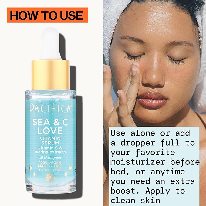 Pacifica Beauty Sea and C Love Vitamin C Serum, Skincare, Hyaluronic Acid, Green Tea, Marine Extracts, Blue Light Protection, Brightening, Lightweight, Face Care, Skin Care Serum, 1 fl oz (1 Count)