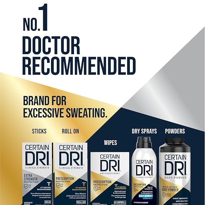 Certain Dri Extra-Strength Clinical Antiperspirant Solid - Maximum Sweat & Odor Protection for Men & Women - 72-Hr Hyperhidrosis Treatment w/ 12% Aluminum Chloride - Powder Fresh Scent - 1.7 oz - 3-Pk