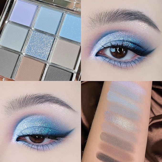 Erinde 9 Colors Eyeshadow Palette, Matte Shimmer Glitter Eye Shadow Palette Makeup, Highly Pigmented Long Lasting Waterproof, Natural Neutral Nude Eyeshadow Make Up Pallet, Blue