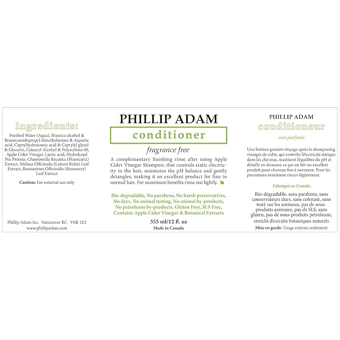Phillip Adam Fragrance Free Shampoo and Conditioner Set with Apple Cider Vinegar - pH Balancing - Enhance Shine and Smoothness- 12 Ounce Each