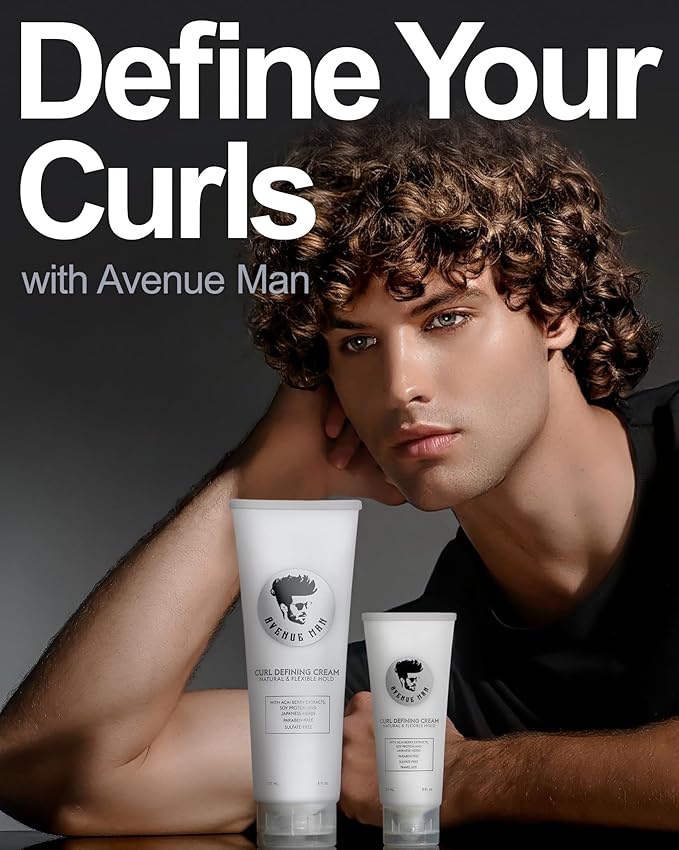 Avenue Man Curl Defining Cream - Improved Formula - Natural & Flexible Hold with Herbal Extracts for All Hair Types - Paraben Free & Sulfate Free