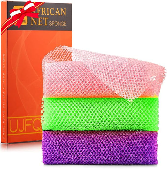 UJFQBH 3 Pieces African Bath Sponge African Net Long Net Bath Sponge Exfoliating Shower Body Scrubber Back Scrubber Skin Smoother,Great for Daily Use (Purple, Pink,Green)