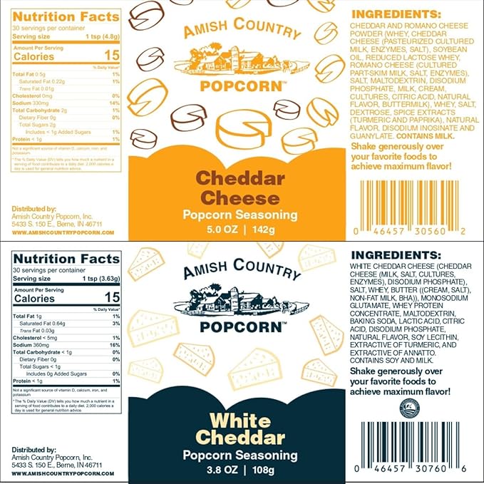 Amish Country Popcorn | Seasoning Variety Pack | Cheddar Cheese - 4.7 oz and White Cheddar Cheese - 3.8 oz Popcorn Seasoning | Old Fashioned, Non-GMO and Gluten Free