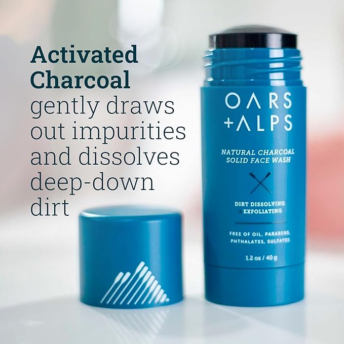 Oars + Alps Exfoliating Face Wash Stick, 2-in-1 Facial Cleanser & Exfoliant with Activated Charcoal, Alpine Moss, Dermatologist Tested, Spill Free, Travel Size, 1.2 Oz