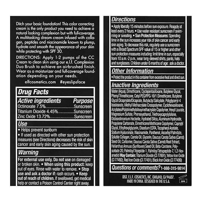 e.l.f. Camo CC Cream, Color Correcting Medium-To-Full Coverage Foundation with SPF 30, Rich 620 W, 1.05 Oz (30g)