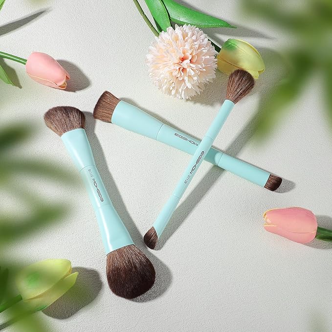 EIGSHOW Makeup Brush Set, 3Pcs Dual Ended Face Makeup Brushes for Foundation Powder Contour Highlight Concealer Nose Shadow, Travel Gift Set (Cyan)