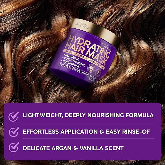 NUTRAHARMONY Hydrating Hair Mask for Dry, Frizzy & Damaged Hair β Deep Conditioning Keratin Treatment with Argan & Coconut Oils, Collagen & Biotin β Repairing, Anti-Frizz Hair Mask for Women, 10oz