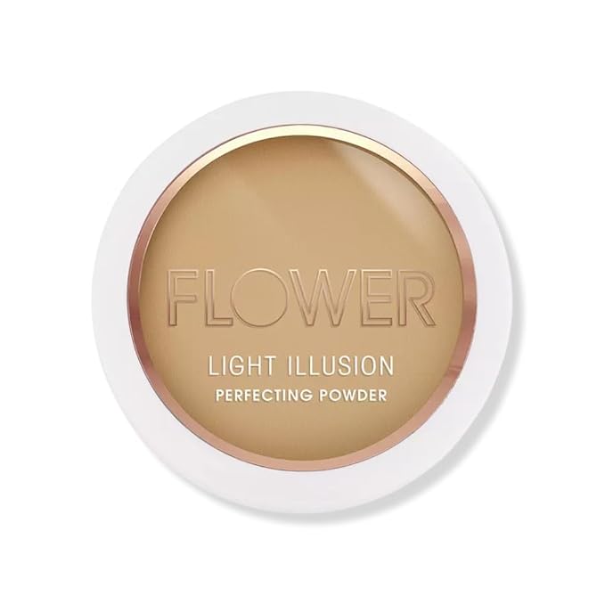 FLOWER Beauty By Drew Barrymore Light Illusion Perfecting Powder - Powder Foundation + Setting Powder for Makeup - Medium Buildable Coverage - Natural Glow + Flawless Finish - Mirror + Sponge Include d (Caramel)