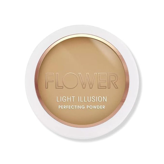 FLOWER Beauty By Drew Barrymore Light Illusion Perfecting Powder - Powder Foundation + Setting Powder for Makeup - Medium Buildable Coverage - Natural Glow + Flawless Finish - Mirror + Sponge Include d (Caramel)