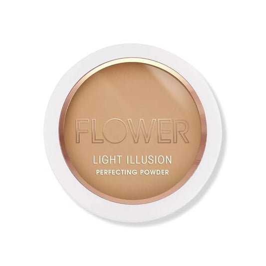 FLOWER Beauty By Drew Barrymore Light Illusion Perfecting Powder - Powder Foundation + Setting Powder for Makeup - Medium Buildable Coverage - Natural Glow + Flawless Finish - Mirror + Sponge Include d (Sable)