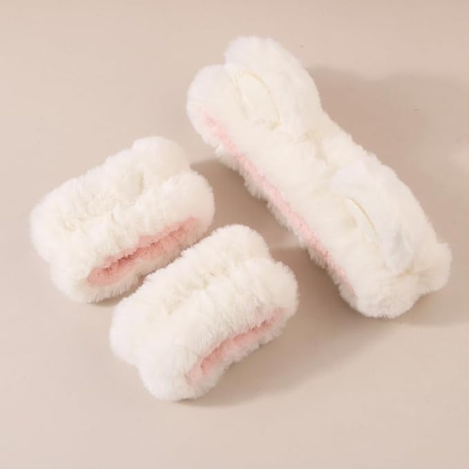 7pcs/Set Hairdressing Accessories Kit, Lovely Bear Decor Head Band, Elastic Fluffy Water Absorbent Head Hoops, Flower Shaped Hair Claw Clips, Ponytail Holders Hair Ties (White)