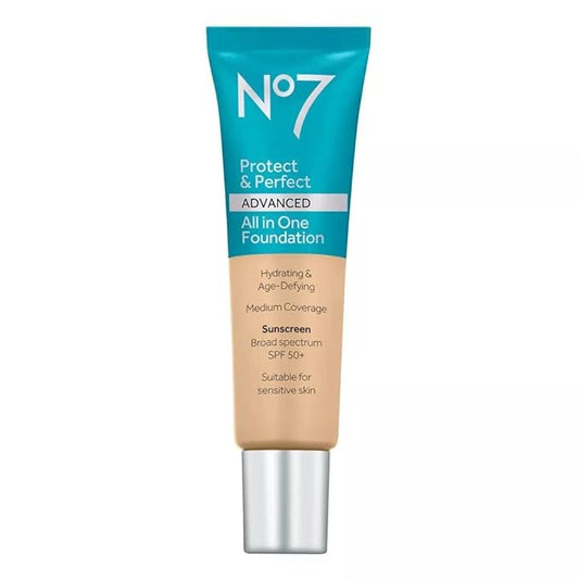 No7 Protect & Perfect Advanced All in One Foundation - Deep Honey - Light to Buildable Coverage - Hydrating Foundation with SPF 50 - Reduces Redness & Blurs Visible Pores (30ml)