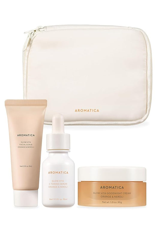 AROMATICA Glow Vita Trial Kit - Travel Size Skin Care Set [Vitamin C Serum 0.5 fl.oz, Facial Scrub 0.5 fl.oz, Goodnight Cream with Retinol 1oz] - Travel Kit for Women