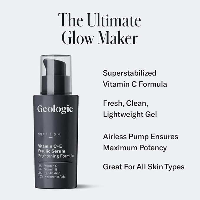 Geologie Vitamin C+E Ferulic Acid Face Serum | Brightening & Firming Anti-Aging Gel Formula | 5% Light-Protected & Stabilized Vitamin C , 0.5% Vitamin E, 1.5% Hyaluronic Acid | 30 ML