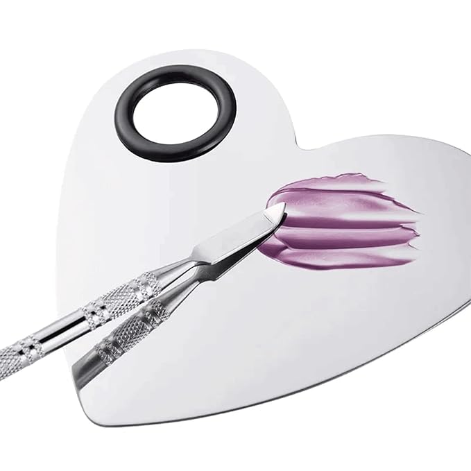 6 in 3 Set Makeup Mixing Palettes, 2 Pcs Stainless Steel Nail Art Palette with 2 Makeup Spatula for Foundation Makeup Tools Eyeshadow Nail Art (4 in 2 Silver Heart Rectangular)