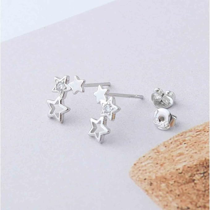 Boho Rhinestone Star Ear Climber Earrings Silver Cluster Star Earrings Minimal Crawler Earrings Vintage Studs Earrings Jewelry for Women and Girls