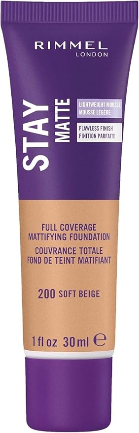 Rimmel London Stay Matte Liquid Mousse - 200 Soft Beige - Foundation, Lightweight, Shine Control, Oil-Free, 1oz