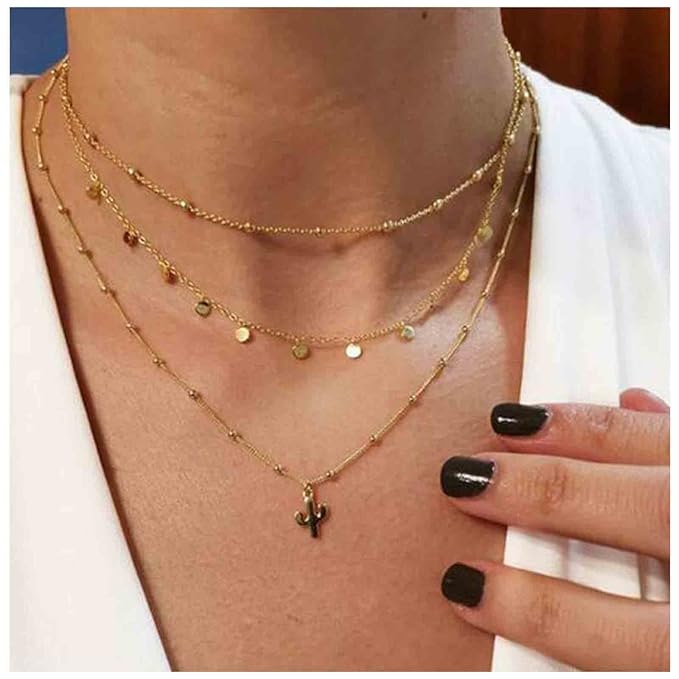 Boho Layered Disc Coin Necklace Choker Gold Cactus Pendant Necklace Stacking Satellite Chain Necklace Vintage Multilayer Necklace Chain Jewelry for Women and Girls Gifts