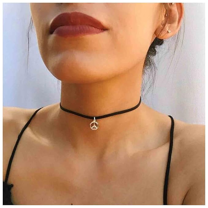 Boho Peace Choker Necklace Black Cord Circle Necklace Short Round Necklace Vegan Necklace Chain Jewelry for Women and Girls