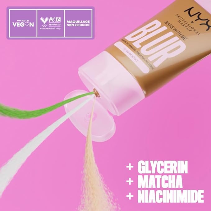 NYX PROFESSIONAL MAKEUP Bare With Me Blur Skin Tint Foundation Make Up with Matcha, Glycerin & Niacinamide - Deep Bronze