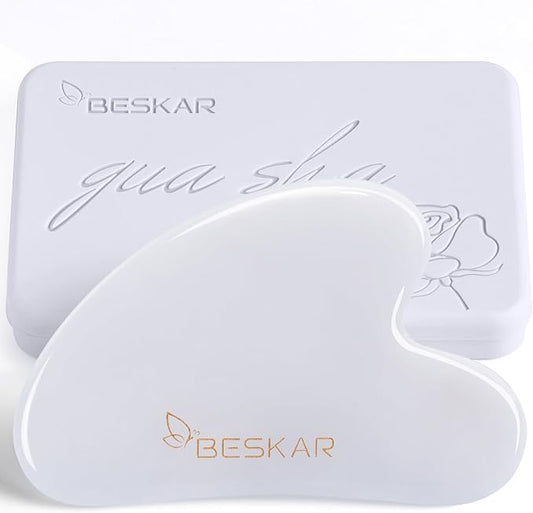 BESKAR Gua Sha Facial Tools, Natural Jade Stone Guasha Massager for Jawline Sculpting, Tighten Face Skin and Reduce Wrinkles, Face Eyes Body Neck Massage Tool, Skin Care Gift