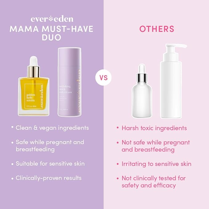 Evereden Mama DUO w/t Gua Sha - Golden Belly Stretch Mark Oil & Nourishing Stretch Mark Cream - Dermatologist-Developed Clean & Vegan Maternity Skin Care for Skin Hydration
