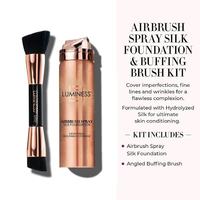 LUMINESS Silk Airbrush Spray Foundation & Buffing Brush Kit – Full Coverage Foundation & Dual-Sided Buffing Brush - Buildable Coverage, Anti-Aging Formula Hydrates & Moisturizes (Shade - Medium Warm)