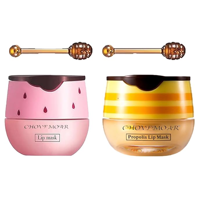 2 Pack Nourishing Lip Balm Honey Pot, Moisturizing Honey & Strawberry Propolis Lip Mask, Hydrating & Prevention Dry and Cracked Lip Scrubs Exfoliator Lip Sleeping Mask Reduces Lip Lines