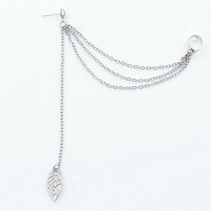 Boho Leaf Cuff Chain Earrings Silver Dangle Chain Earrings Cartilage Helix Earrings Cuff Helix to Lobe Chain Earrings Jewelry for Women and Girls