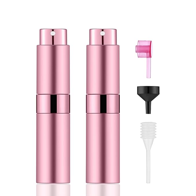 2 PCS/8ml Portable Mini Perfume Atomizer bottles, Empty Refillable Spray Bottle with 3 Types of Refill Tools, Pocket Travel Perfume Sample Bottles(Pink)