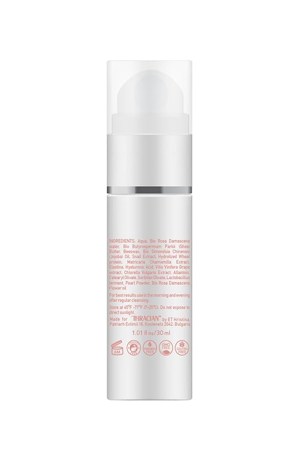 Thracian Bio Rose & Snail Hydrating Eye Cream for Dark Circles, Eye Bags and Puffiness with Bulgarian Bio Rosa Damascena Oil, Hyaluronic Acid and Pearl Powder, 30 ml/1.01 Fl Oz