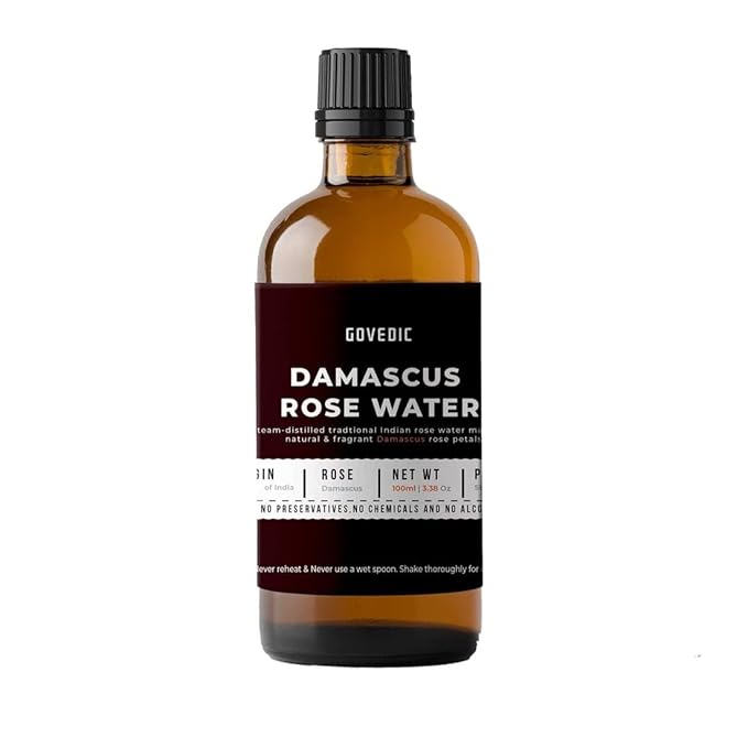 govedic Rose Water for Cooking, Baking, Cocktails | 100% Food Grade Rose Water | Face & Hair Care | Steam-Distilled Edible Damask Rose | 100 ml 3.38 Oz