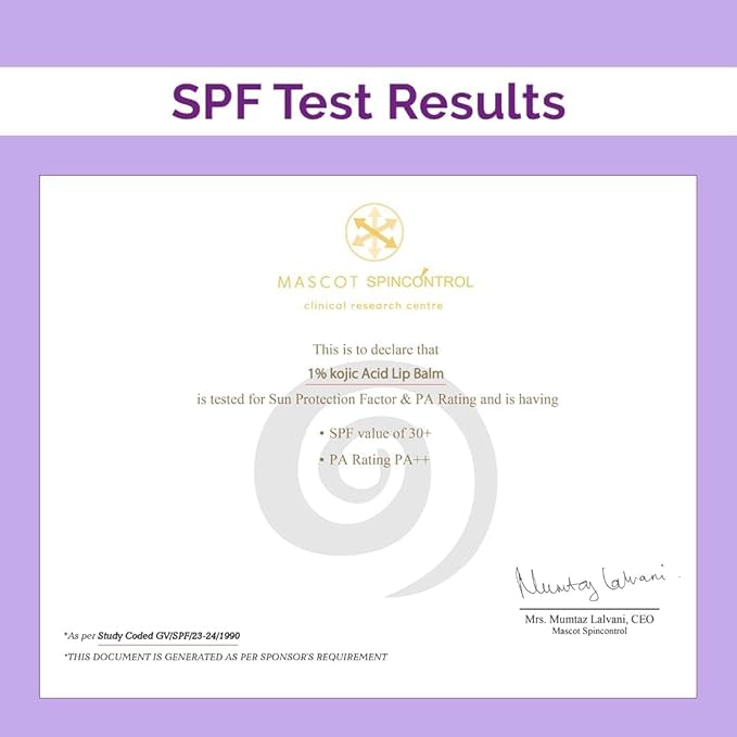 1% Kojic Acid Lip Balm With Alpha Arbutin & Hyaluronic Acid, SPF 30 PA++ for Dark & Pigmented Lips - 4g