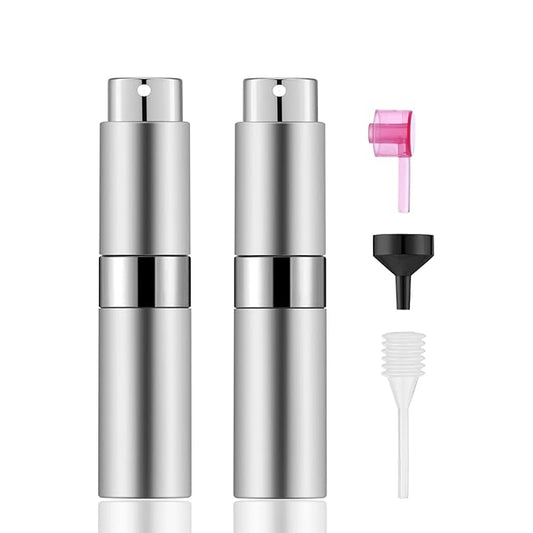 2 PCS/8ml Portable Mini Perfume Atomizer bottles, Empty Refillable Spray Bottle with 3 Types of Refill Tools, Pocket Travel Perfume Sample Bottles(Silver)