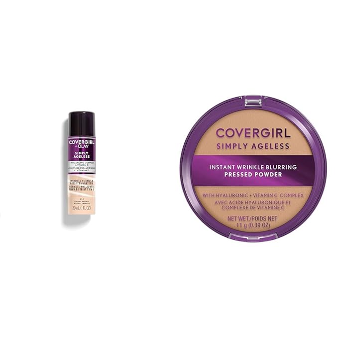 Covergirl + Olay Simply Ageless 3-in-1 Liquid Foundation, Creamy Natural & Simply Ageless Instant Wrinkle Blurring Pressed Powder, Buff Beige, 0.39 Oz.