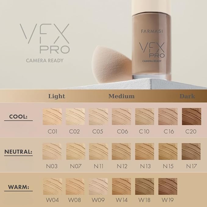 FARMASi Vfx Pro Foundation, Full Coverage Liquid Cream, Lightweight Long Lasting Coverage, Breathable Skin Moisturizer with Color True Matte Blending, Face Makeup, 1 fl. oz / 30 ml - Neutral Light 11